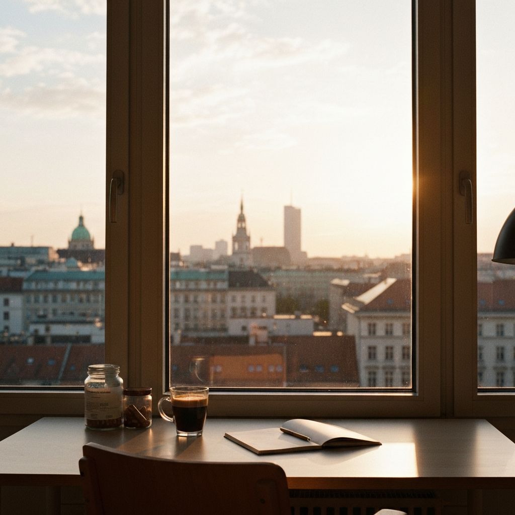 Morgendlicher Schreibtisch mit Nahrungsergänzungen, Kaffee und Wiener Skyline