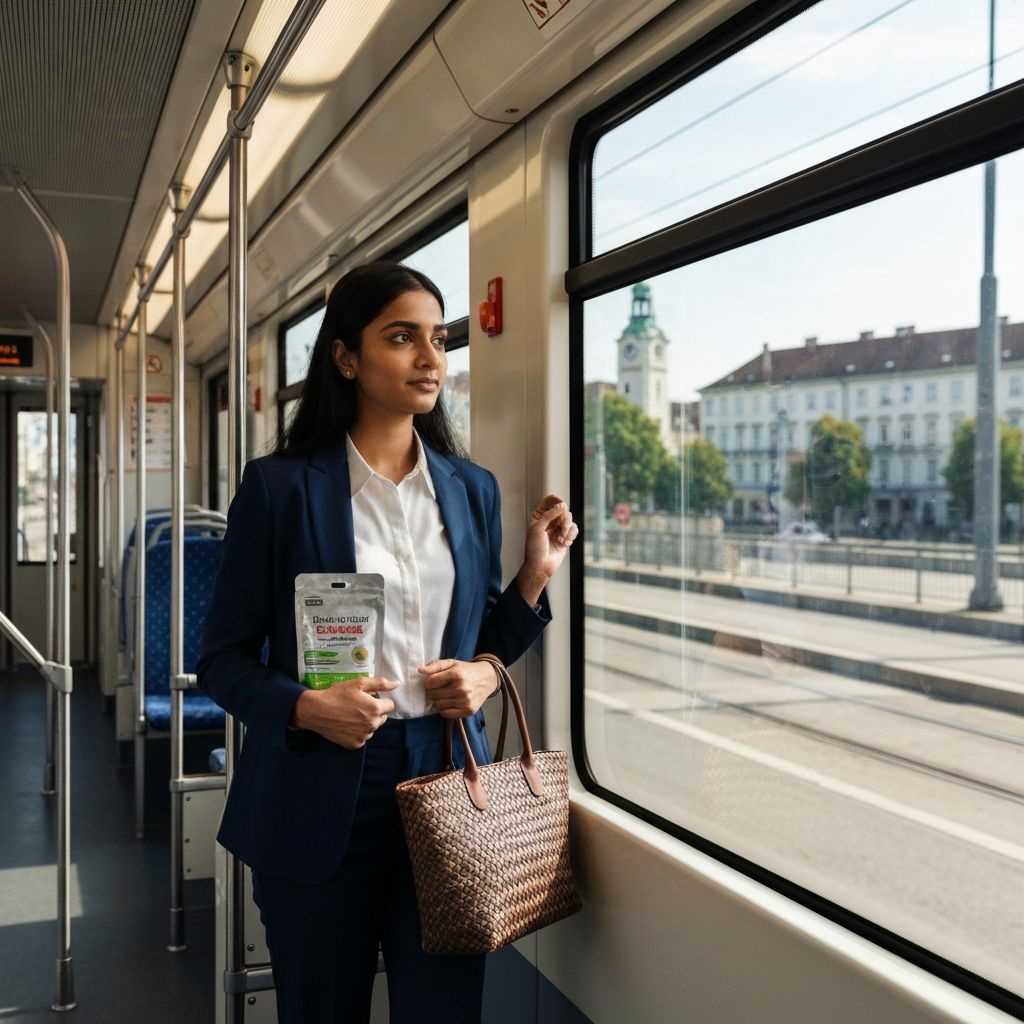Ausblick aus Straßenbahn-Fenster, Supplement-Tasche in Rucksack