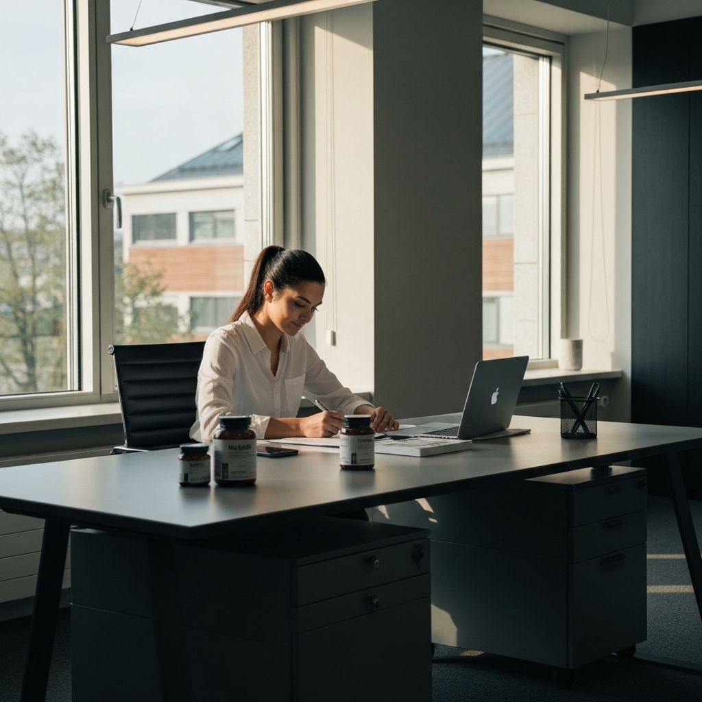 Moderner Bürotisch mit Sonnenlicht, Supplement-Gläser und Notizen